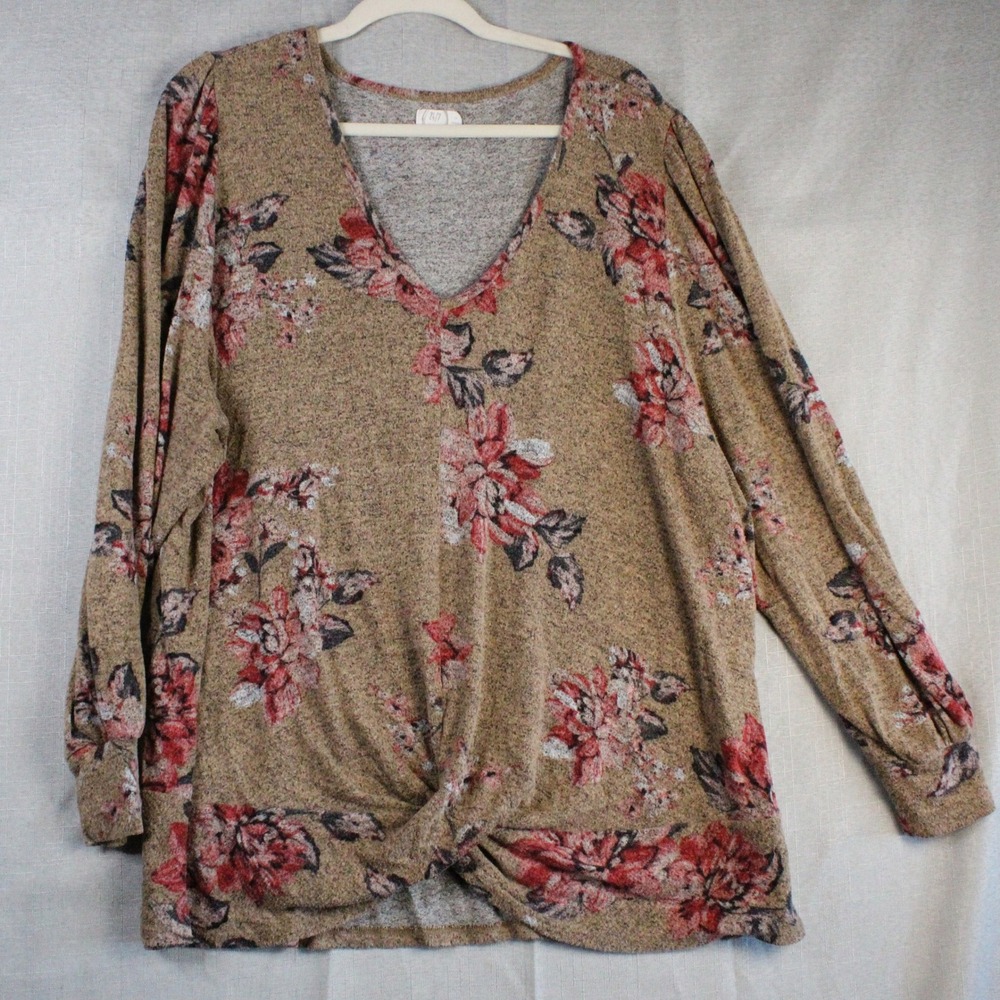 Maurices 24/7 Floral Knot V-Neck Top 3X Brown Red Boho Cottagecore Plus Size